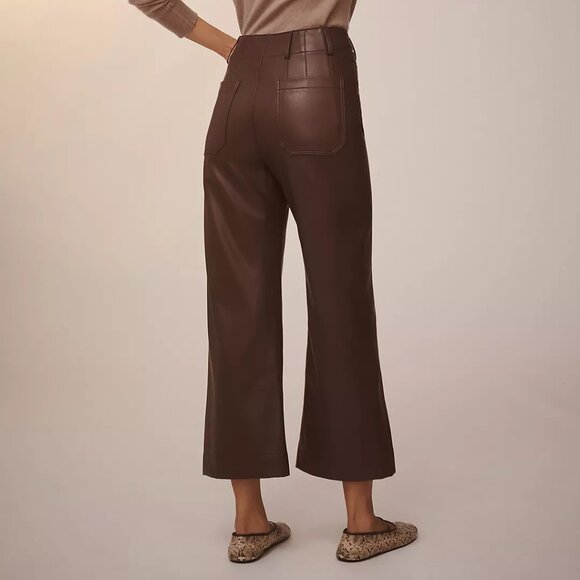 Anthropologie Maeve Colette Cropped Wide-Leg Faux Leather Pants Brown Size 27 - Picture 2 of 9